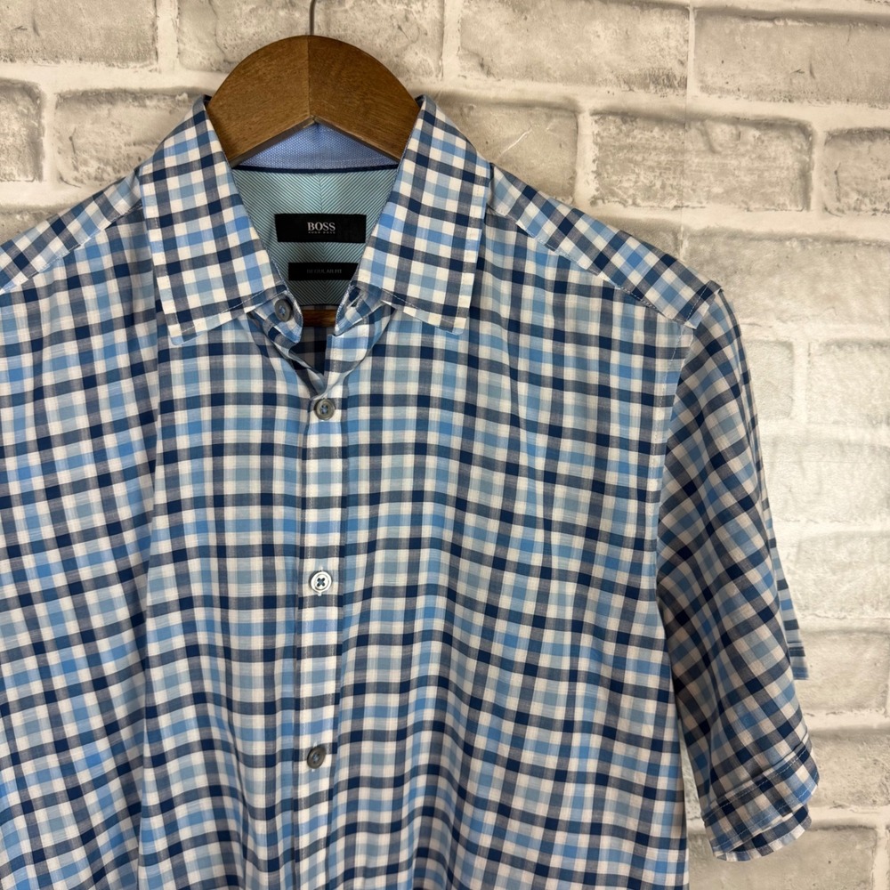 Hugo Boss Regular Fit Blue Gingham Check Short Sleeve Button Up Shirt Men MEDIUM